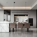 Elegant Modern Restaurant Interior With Marble Dining Table Grey Chairs And Pendant Lights 3d model