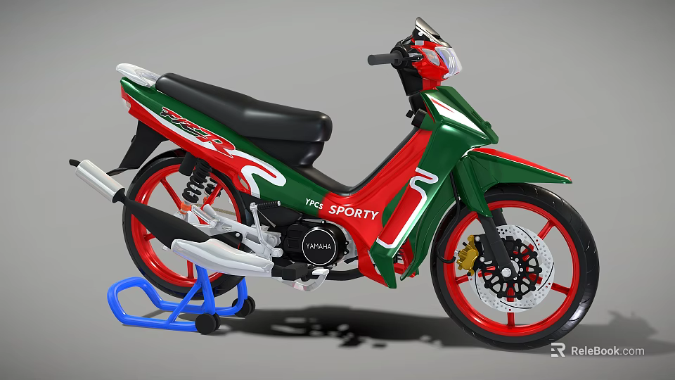 Green Red White Spirit Motorcycle Featuring Black Seat Red Wheels and Blue Stand 3d model 