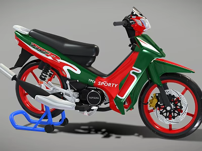Green Red White Spirit Motorcycle Featuring Black Seat Red Wheels and Blue Stand 3d model