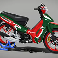 Green Red White Spirit Motorcycle Featuring Black Seat Red Wheels and Blue Stand