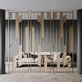 Golden Decorative Partition In Living Interior With Sofa Throw Pillows Dark Walls And Herringbone Floor