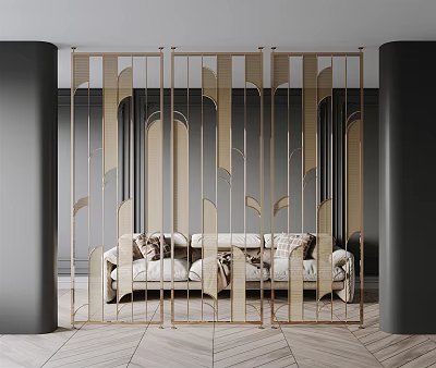 Golden Decorative Partition In Living Interior With Sofa Throw Pillows Dark Walls And Herringbone Floor 3d model