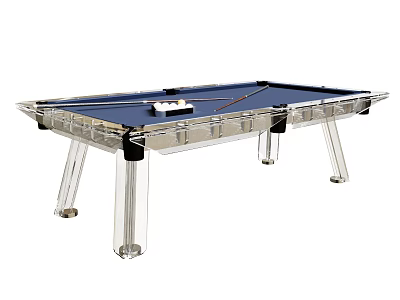 Professional Billiard Table With Blue Felt Surface Transparent Acrylic Legs And Cue Sticks 3d model