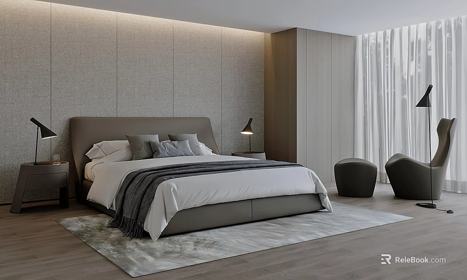 Modern Bedroom Interior With Upholstered Headboard Linen Bedding And Area Rug 3d model 