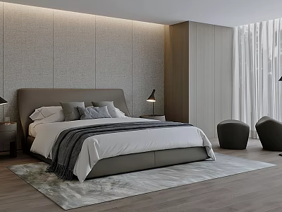 Modern Bedroom Interior With Upholstered Headboard Linen Bedding And Area Rug 3d model