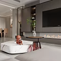 Modern Living Dining Room With Grey Sofa Marble Coffee Table TV Wall And Wooden Walls