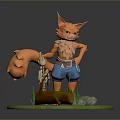 3D Orange Fox Game Character With Blue Shorts Green Base And Wood Log Skeleton Stones