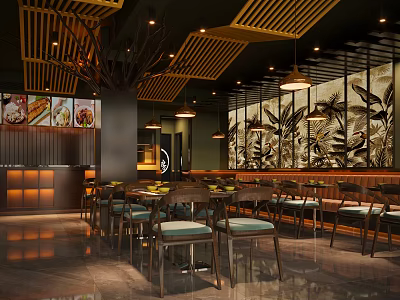 Modern Hotpot Restaurant Interior With Wooden Ceiling Plant Murals Warm Lighting And Food Display Screens 3d model