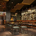 Modern Hotpot Restaurant Interior With Wooden Ceiling Plant Murals Warm Lighting And Food Display Screens