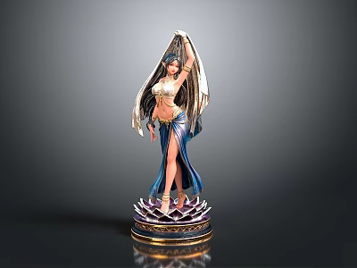 Elegant Female Oriental Dance Statue With Blue Dress And Lotus Base 3d model