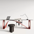 Modern Minimalist Desk With Black Top Red Legs Laptop Lamp Chair And Stool