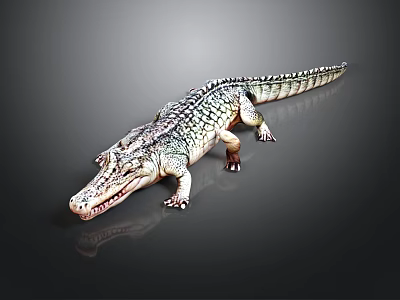 Lifelike Crocodile Figure With Detailed Scaly Skin On Dark Reflective Surface 3d model