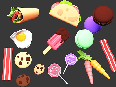 Colorful Cartoon Food Scene With Taco Burrito Cookies Lollipop Popsicle Carrots And Macarons 3d model