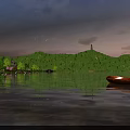 Stunning Lakeside Natural Landscape With Lush Green Hills Calm Water Ancient Pagoda And Flying Birds