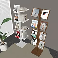 French Cream Rotating Bookshelf Antique Invisible Floor Bookshelf Creative Multi-layer Vertical Solid Wood Bookshelf Venetian Curtain Green Plant Potted Plant 3d model