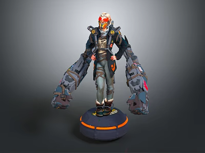Game Movie Character with Mechanical Arms Helmet Black Outfit and Orange Accents Design 3d model