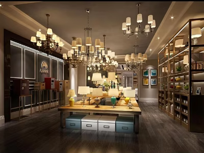 Home Decor Showroom Interior With Chandeliers Display Shelves And Furniture Tables 3d model