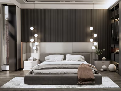 Modern Bedroom Design With Dark Vertical Striped Accent Wall Round Pendant Lights And Gray Bedding 3d model