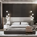Modern Bedroom Design With Dark Vertical Striped Accent Wall Round Pendant Lights And Gray Bedding