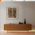 Modern Wooden TV Stand With Drawers And Decorative Sculptures Near Wall Art Painting