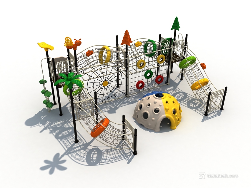Colorful Outdoor Playground Equipment With Climbing Structure Rings Slide Ball And Tree Decorations For Kids 3d model 
