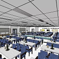 Dining Hall Interior Design With Blue Chairs White Tables And Digital 3d model