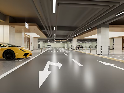 Spacious Modern Garage With Yellow Sports Car Floor Arrows And Ceiling Lights 3d model