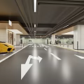 Spacious Modern Garage With Yellow Sports Car Floor Arrows And Ceiling Lights