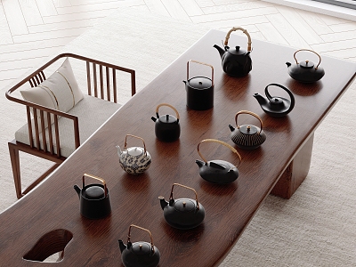 New Chinese Style Tea Table and Chair Tea Set Teapot Wood Floor Venetian Blinds model