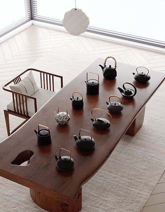 New Chinese Style Tea Table and Chair Tea Set Teapot Wood Floor Venetian Blinds 3d model