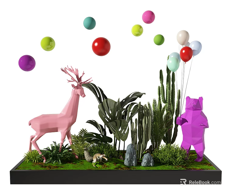 Vibrant Window Display Decoration With Pink Deer Purple Bear Colorful Balloons And Green Plants 3d model 