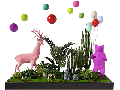 Vibrant Window Display Decoration With Pink Deer Purple Bear Colorful Balloons And Green Plants 3d model