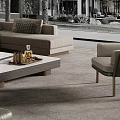Modern Beige Sofa And Square Coffee Table Set With Wooden Wall And Outdoor Tree View