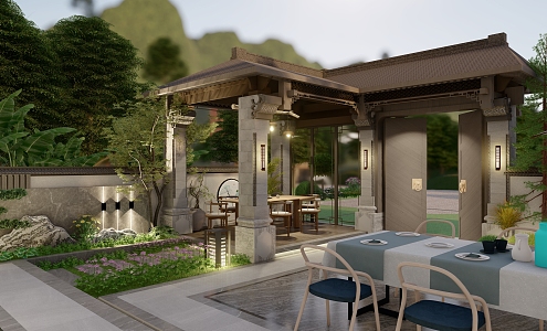 New Chinese Courtyard Garden Courtyard Landscape Pavilion Antique Pavilion Sunshine Room Tea Room Landscape Wall Door Head 3d model