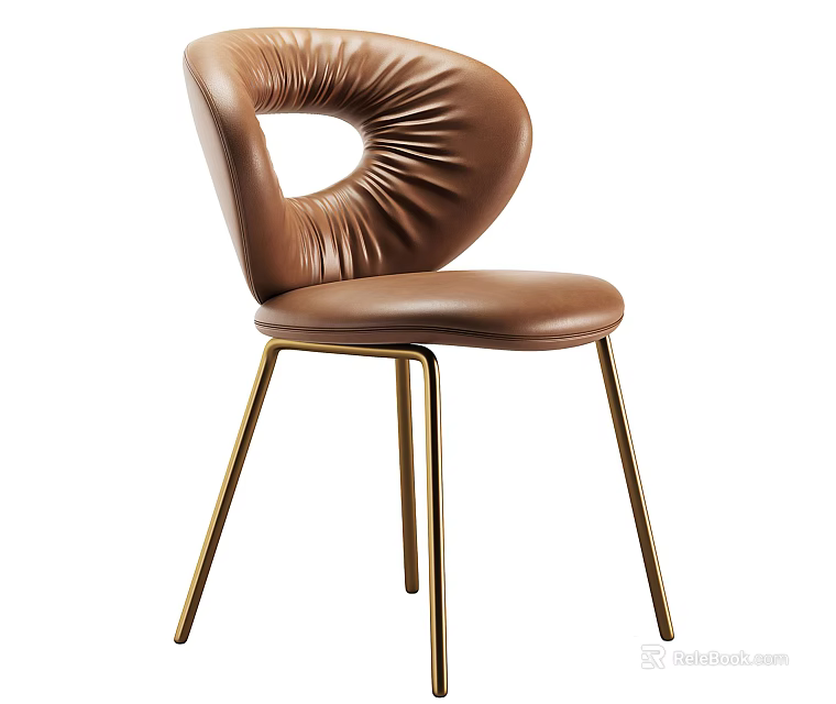 Modern Brown Leather Leisure Chair With Pleated Design Hollow Backrest And Gold Metal Legs 3d model 