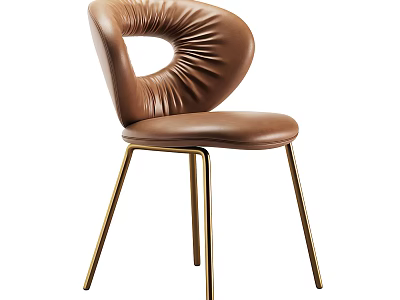 Modern Brown Leather Leisure Chair With Pleated Design Hollow Backrest And Gold Metal Legs 3d model
