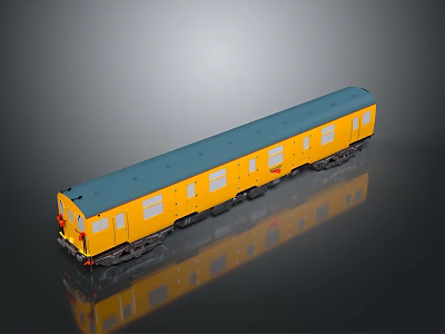 Yellow Train Model With Blue Roof And Multiple Windows On Black Smooth Surface With Reflection 3d model