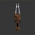 Ornate Trident Shaped Metallic Weapon With Decorative Handle And Sharp Prongs