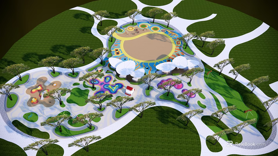 Colorful Children's Playground With Sandpit Shade Umbrellas Green Lawns And Winding Paths 3d model 