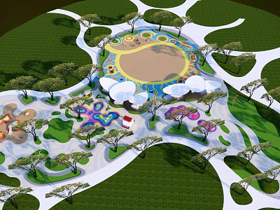 Colorful Children's Playground With Sandpit Shade Umbrellas Green Lawns And Winding Paths 3d model