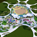 Colorful Children's Playground With Sandpit Shade Umbrellas Green Lawns And Winding Paths