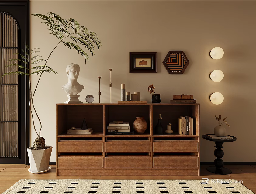 Wooden Storage Shelf with Decorative Books Sculpture Vase Green Plant Wall Art and Round Lights 3d model 