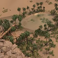 Tall Palm Trees Surrounding Ancient Stone Bridge With Elephant Statues Stone Pillars And Rocky Terrain