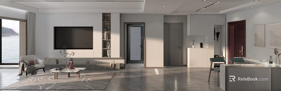 Modern Living and Dining Room Interior Design With TV Wall Storage Cabinets and Open Layout 3d model 
