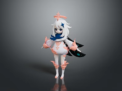 3D Fantasy Creature Character Model With White Hair Star Headdress Pink Outfit And Black Wings 3d model