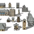 Ancient Architecture Collection Featuring Castle Windmill Church Tower and Historic Buildings