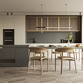 Modern Restaurant Open Kitchen Design With Island Counter Cabinets And Dining Chairs