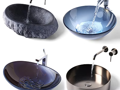 Stylish Sinks With Diverse Materials Stone Glass Metal And Faucet Water Flow 3d model