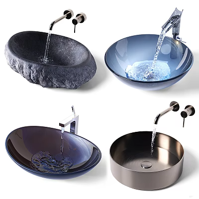Stylish Sinks With Diverse Materials Stone Glass Metal And Faucet Water Flow 3d model