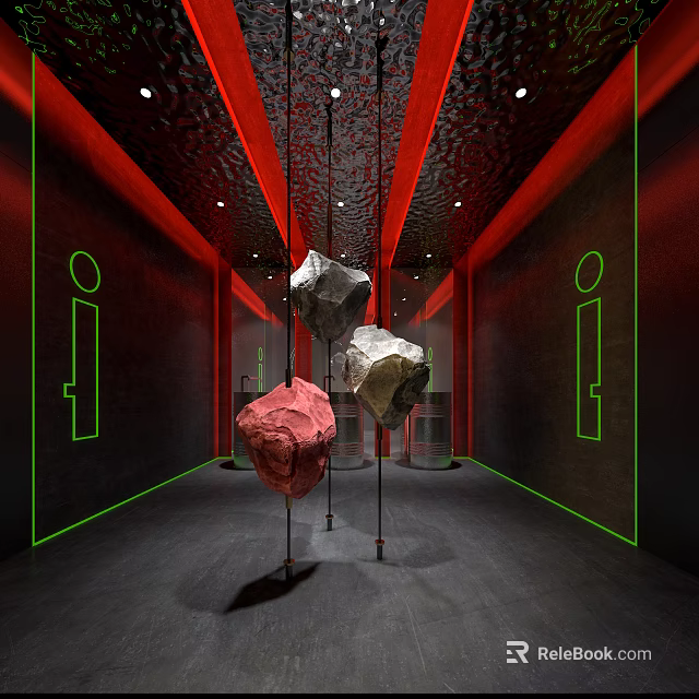 Elevator Corridor Featuring Red Ceiling Black Walls Green Lines And Colored Stone Sculptures 3d model 